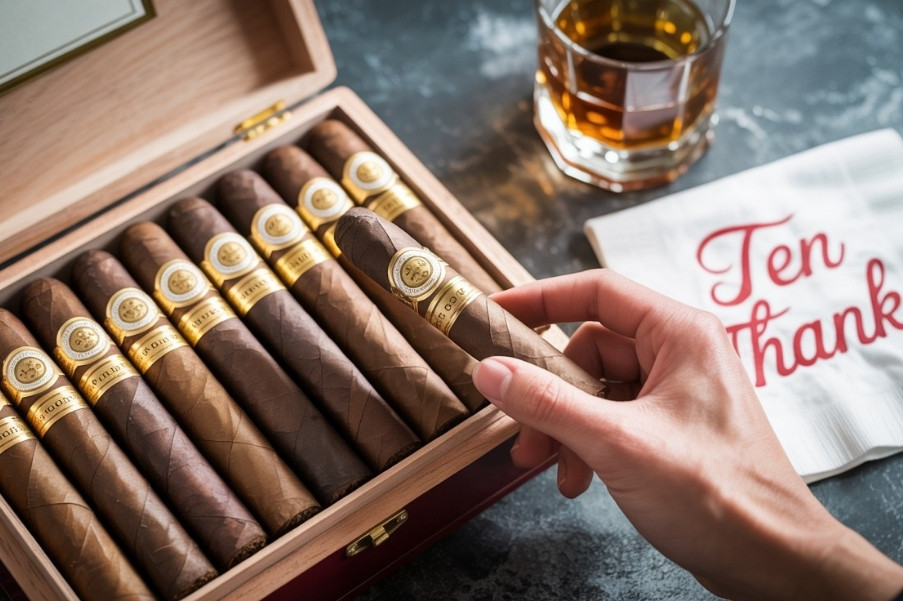Hand picking a cigar from a luxury wooden box beside a glass of whiskey and a napkin that reads 